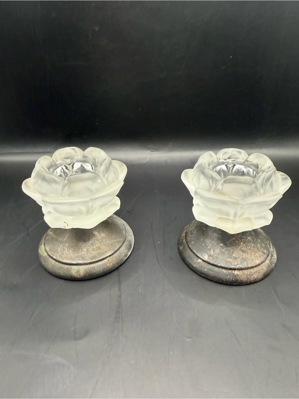 Pair Frosted Glass Flower Tealight Candle Holders Vintage Style
